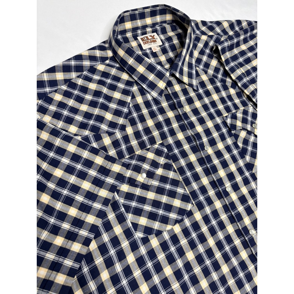 Ely Cattleman Western Shirt Mens XXL Blue Yellow Plaid Pearl Snap Short Sleeve